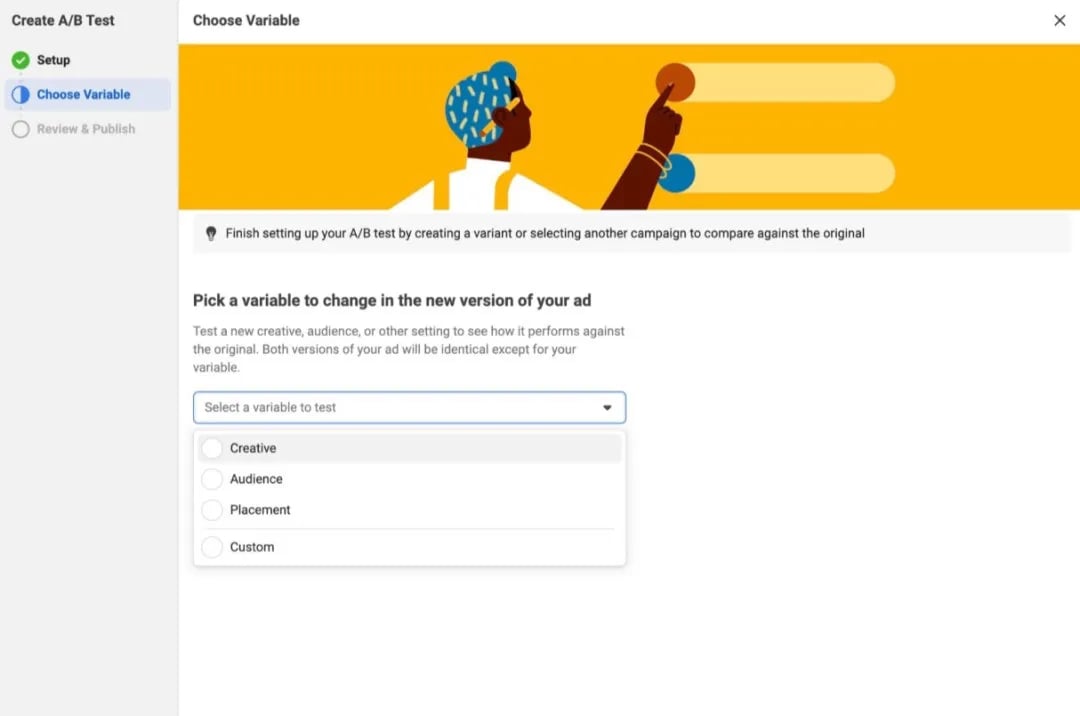 Facebook A/B Test 选择测试变量类型界面截图：Creative Audience Placement