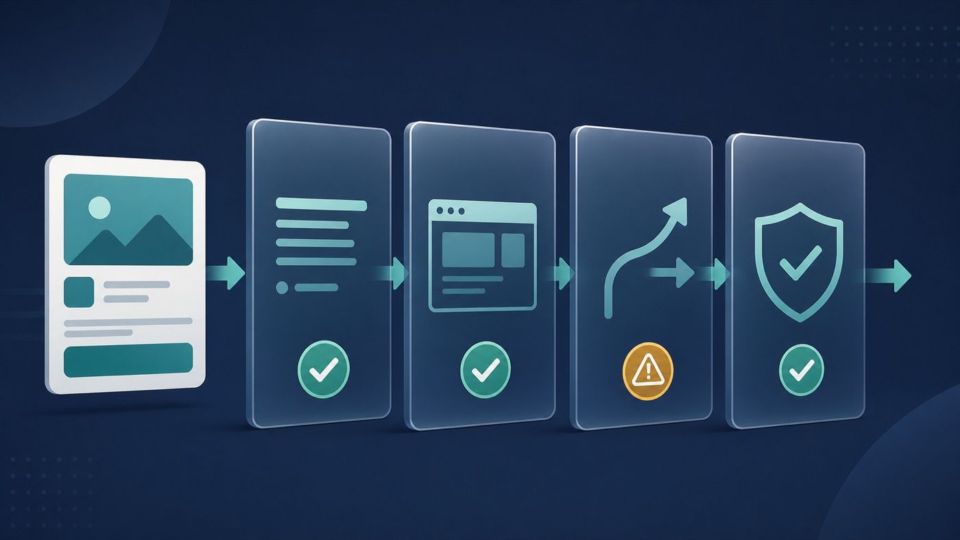 Four-layer ad review inspection pipeline: creative, landing page, redirect path, account signals