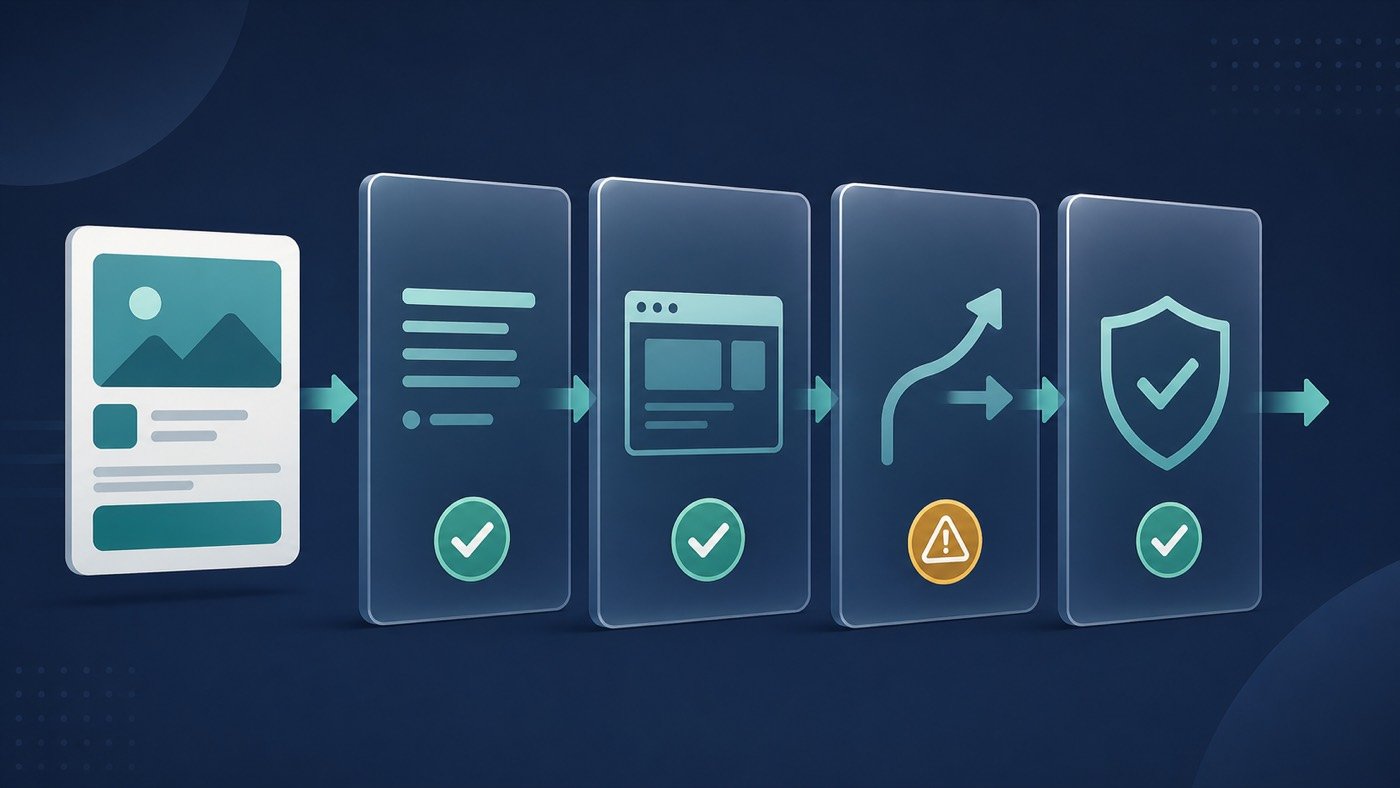 Four-layer ad review inspection pipeline: creative, landing page, redirect path, account signals