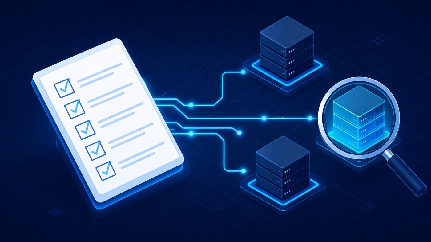 Checklist panel connected to server nodes, one under inspection — vetting a TikTok traffic-routing vendor