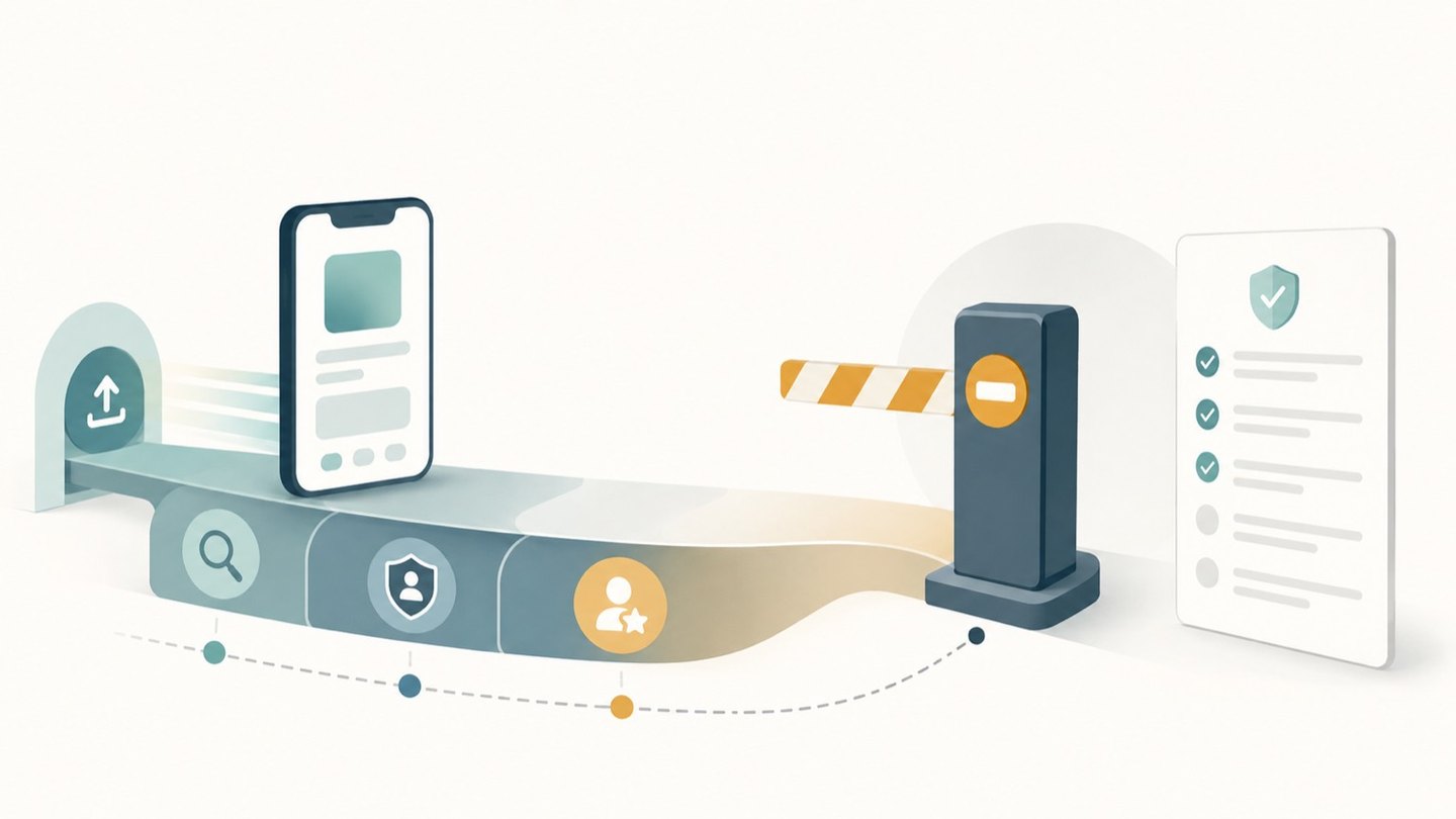 Illustration of an app release being stopped at a Google Play review checkpoint