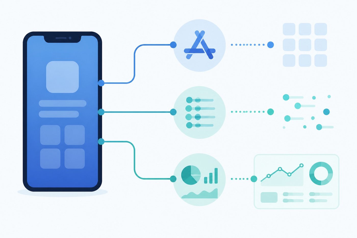 Diagram of a mobile app promotion measurement chain: device, app store, SDK events and reporting