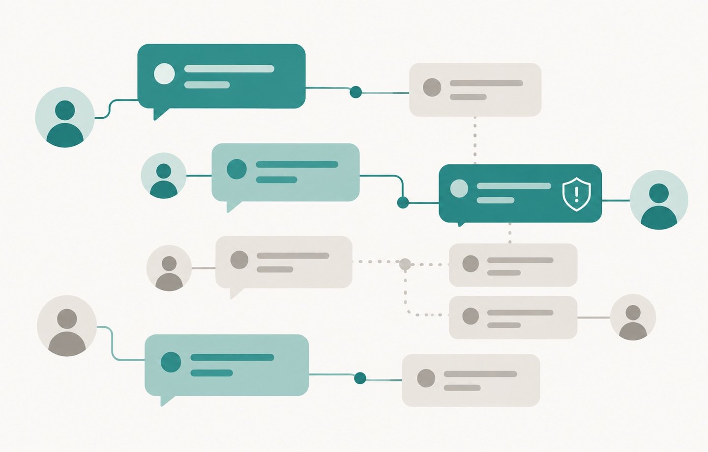 Chat bubbles and forum threads linking community members, with a safety shield marker