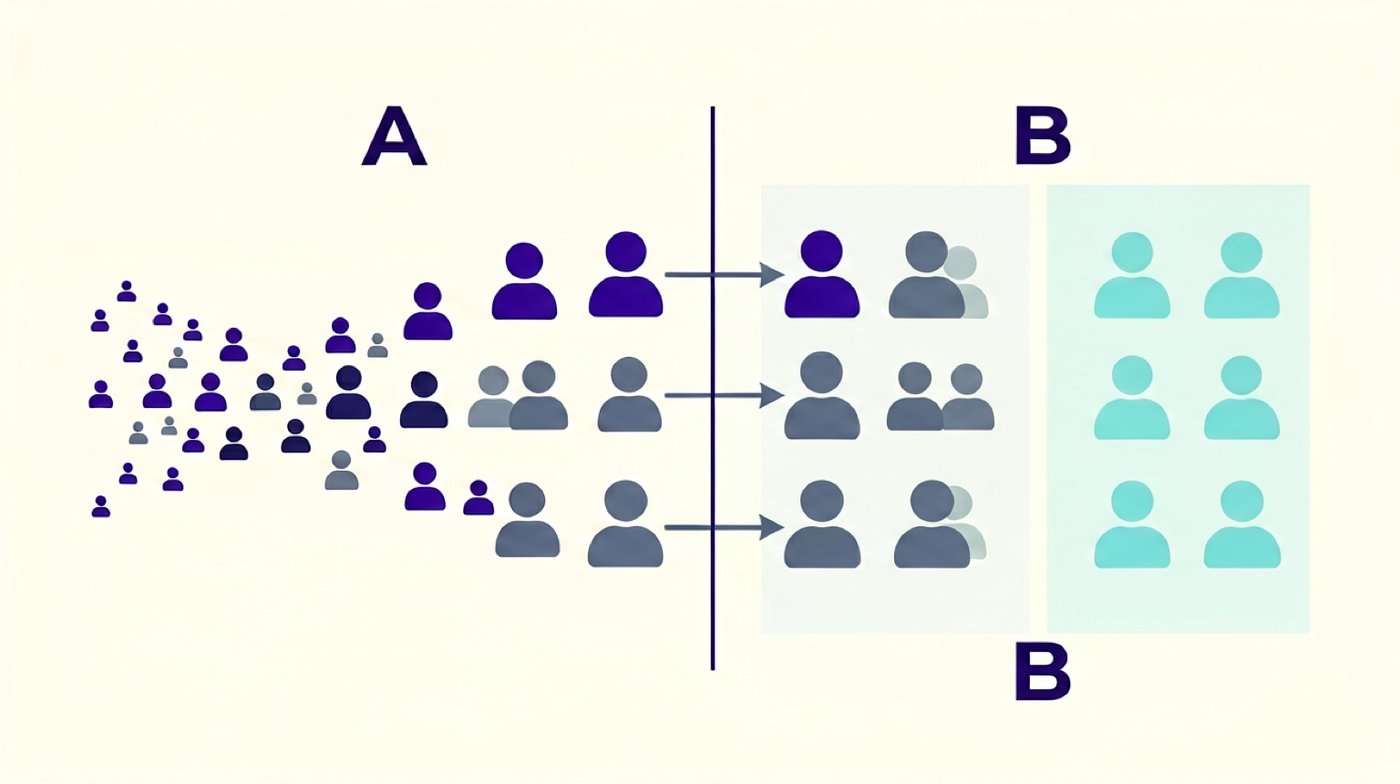 Abstract split test diagram: one audience stream divided into two equal groups feeding separate A and B panels