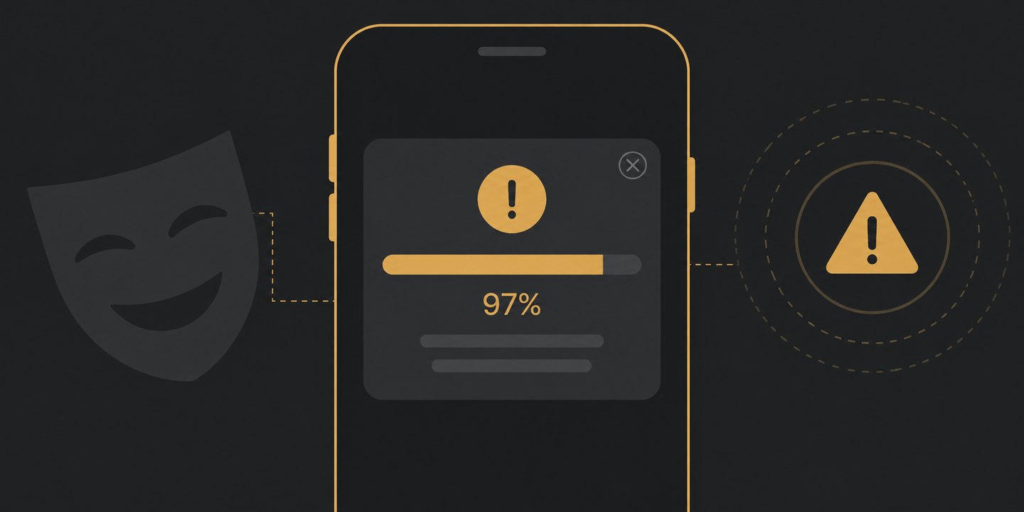 A phone showing a fake system-style alert and a fabricated scan result, illustrating Google Play deceptive behavior policy
