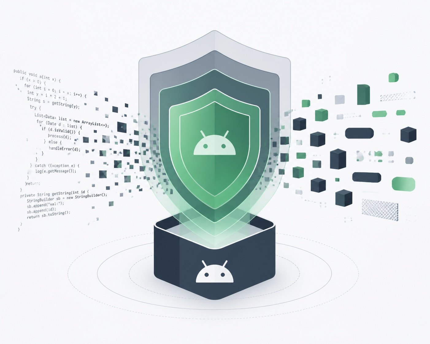 Layered shield illustration representing Android app code obfuscation and protection layers