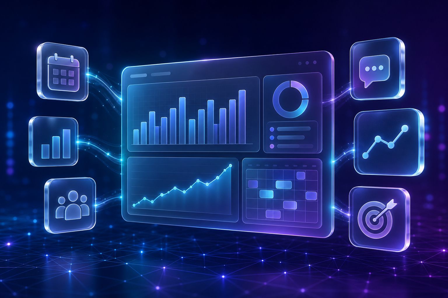 Glassmorphic dashboard concept: multiple Twitter/X social media marketing tools unified into one analytics view