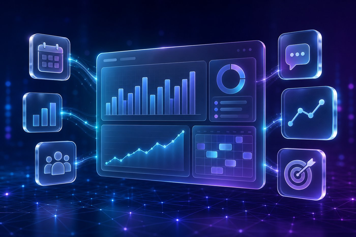 Glassmorphic dashboard concept: multiple Twitter/X social media marketing tools unified into one analytics view
