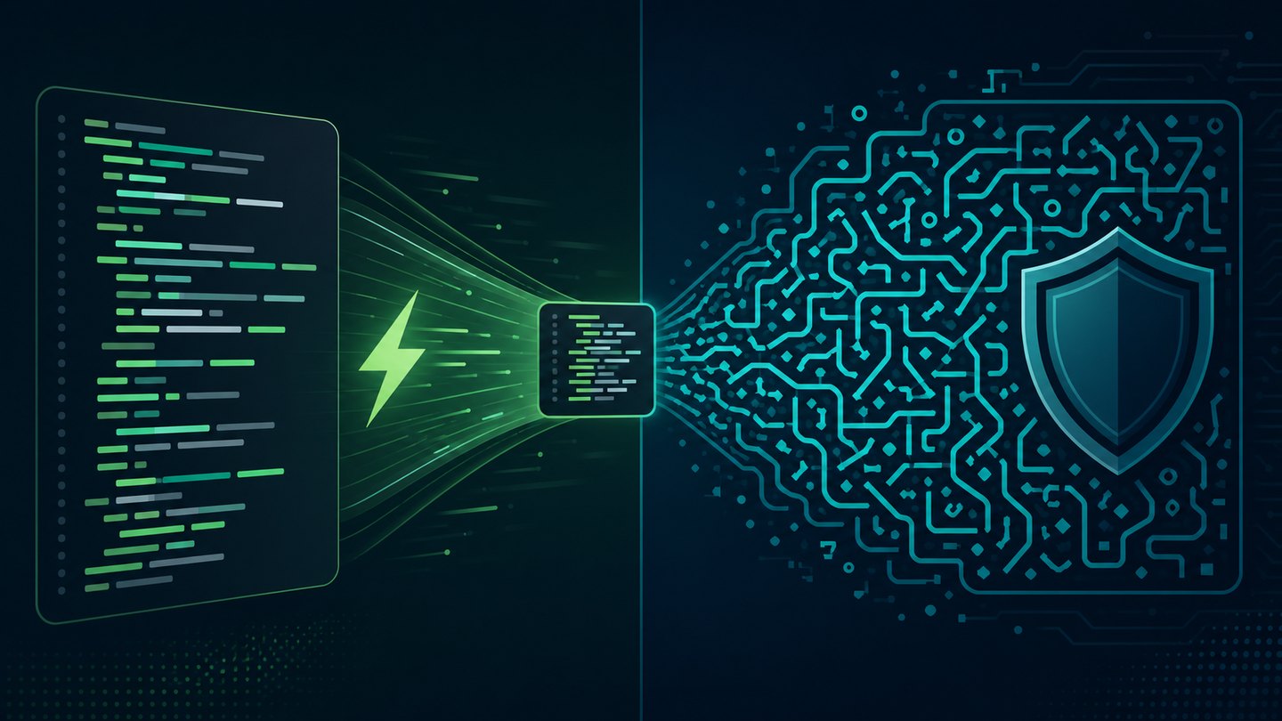 Code obfuscation vs minification: minified code speeding up on the left, obfuscated code maze with a shield on the right