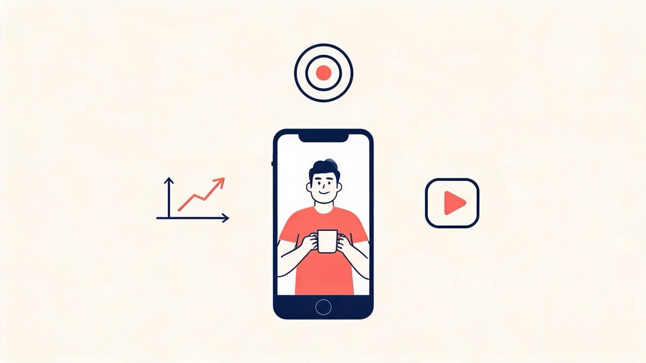 Illustration of a creator filming a casual product video on a smartphone surrounded by performance marketing icons