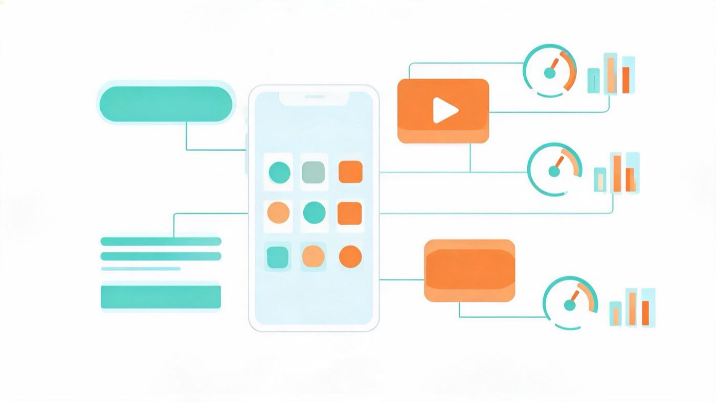 Flat illustration of a smartphone app grid linked to ad formats and bidding gauges for Google App Campaigns