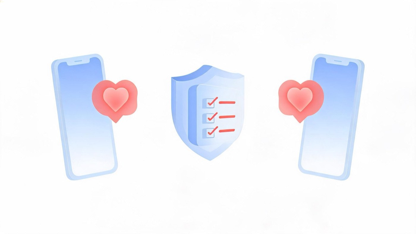 Two smartphones with heart icons beside a shield holding a policy checklist