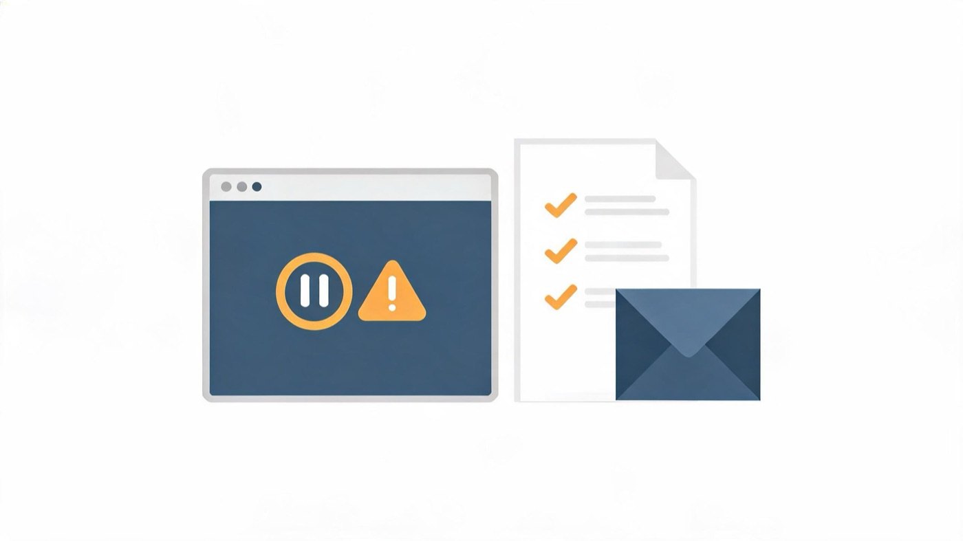 Paused ad dashboard with a warning icon next to a checklist document and an envelope
