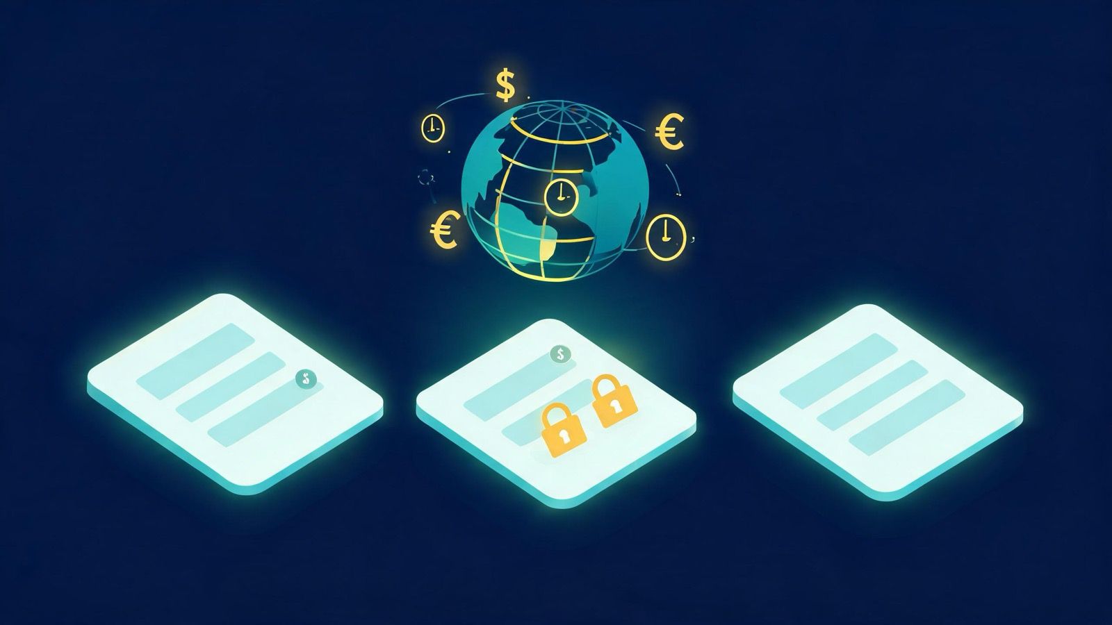 A Google Ads signup form in three steps with two permanently locked fields, beside a globe with currency and clock icons