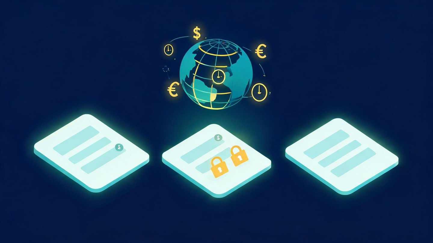 A Google Ads signup form in three steps with two permanently locked fields, beside a globe with currency and clock icons