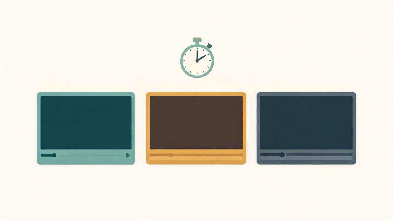 Illustration of three video player frames of different lengths under a stopwatch, representing video ad length best practices