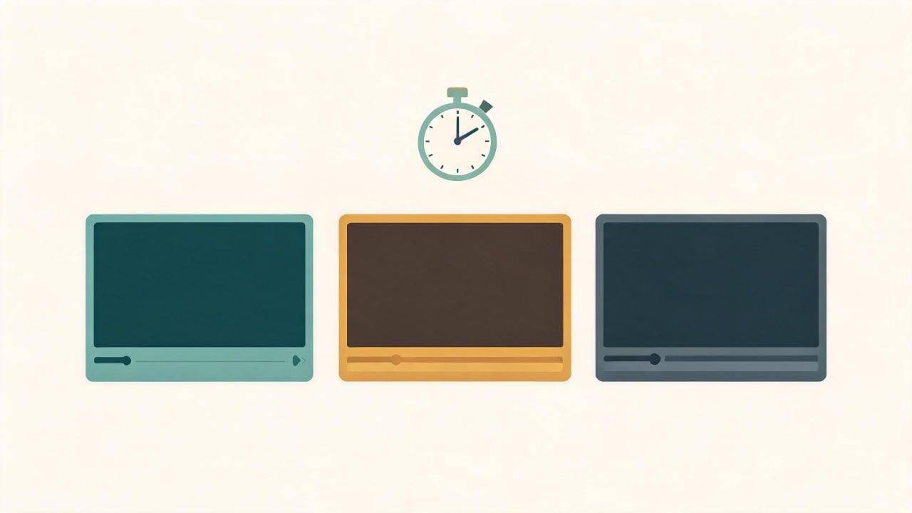 Illustration of three video player frames of different lengths under a stopwatch, representing video ad length best practices