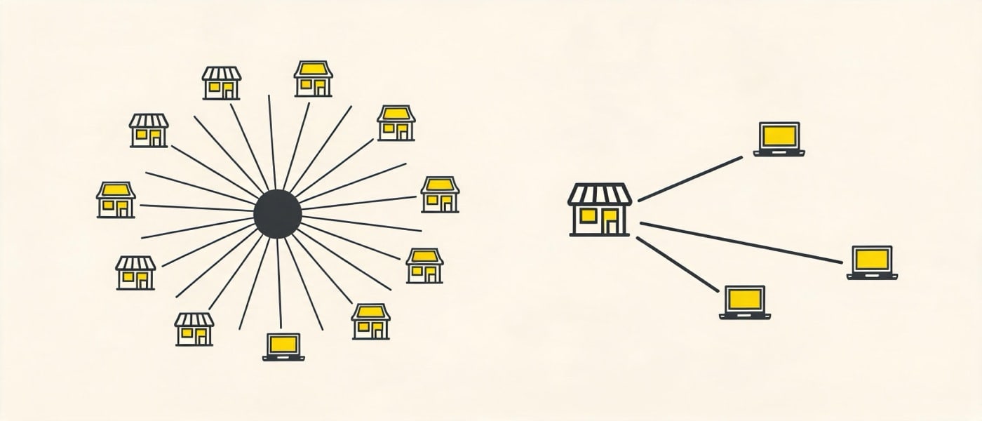 Diagram comparing an affiliate network hub linking many brands with a single brand linked directly to publishers