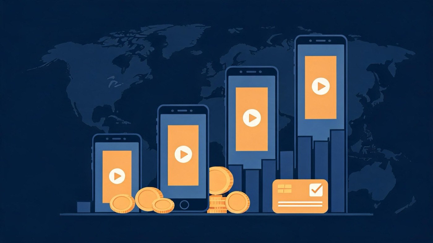 Rising bar chart of vertical smartphone video players over a world map with coins and a subscription card, representing the vertical drama streaming market