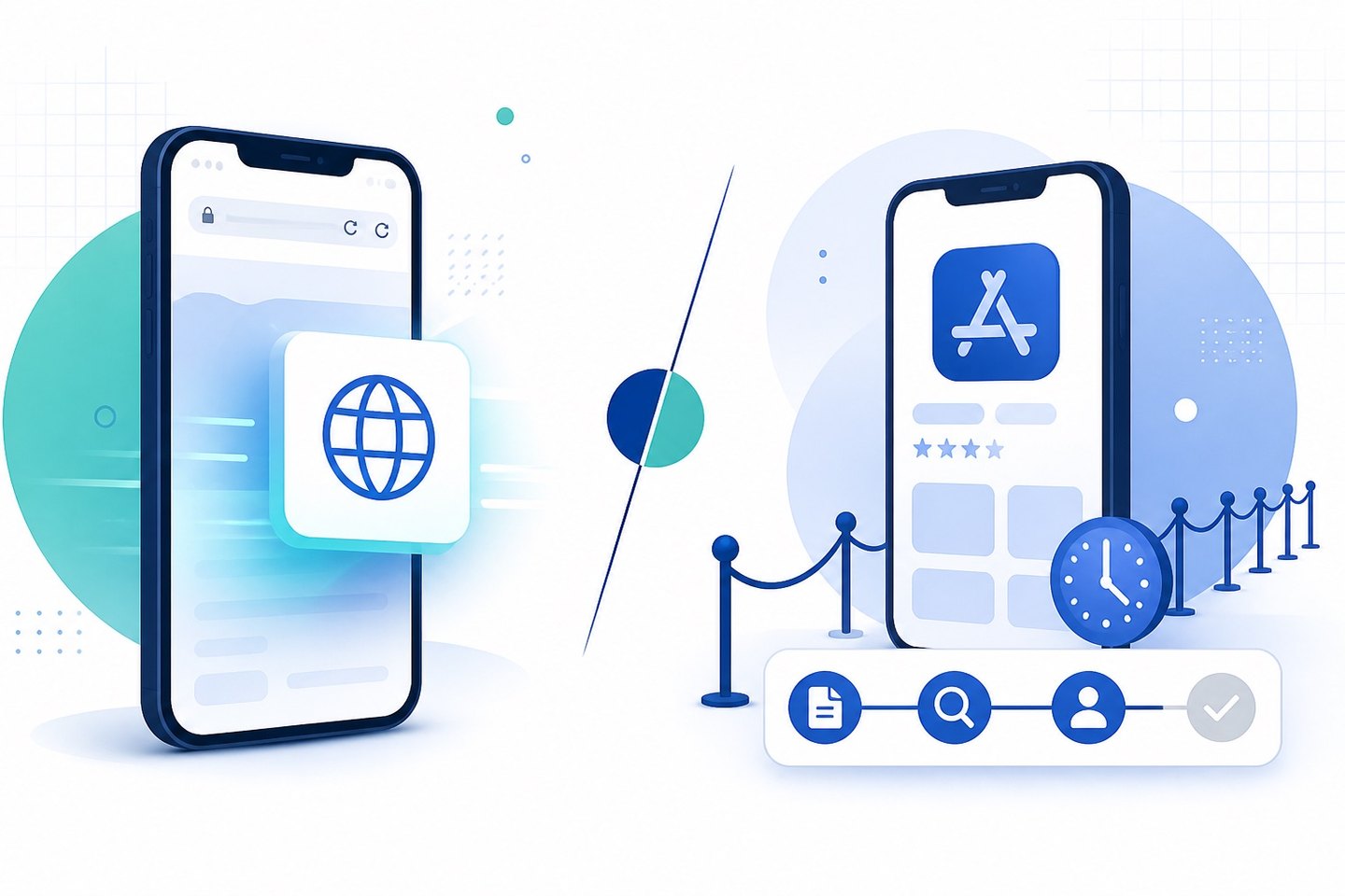 Split illustration comparing PWA instant web-app launch versus native app store review queue