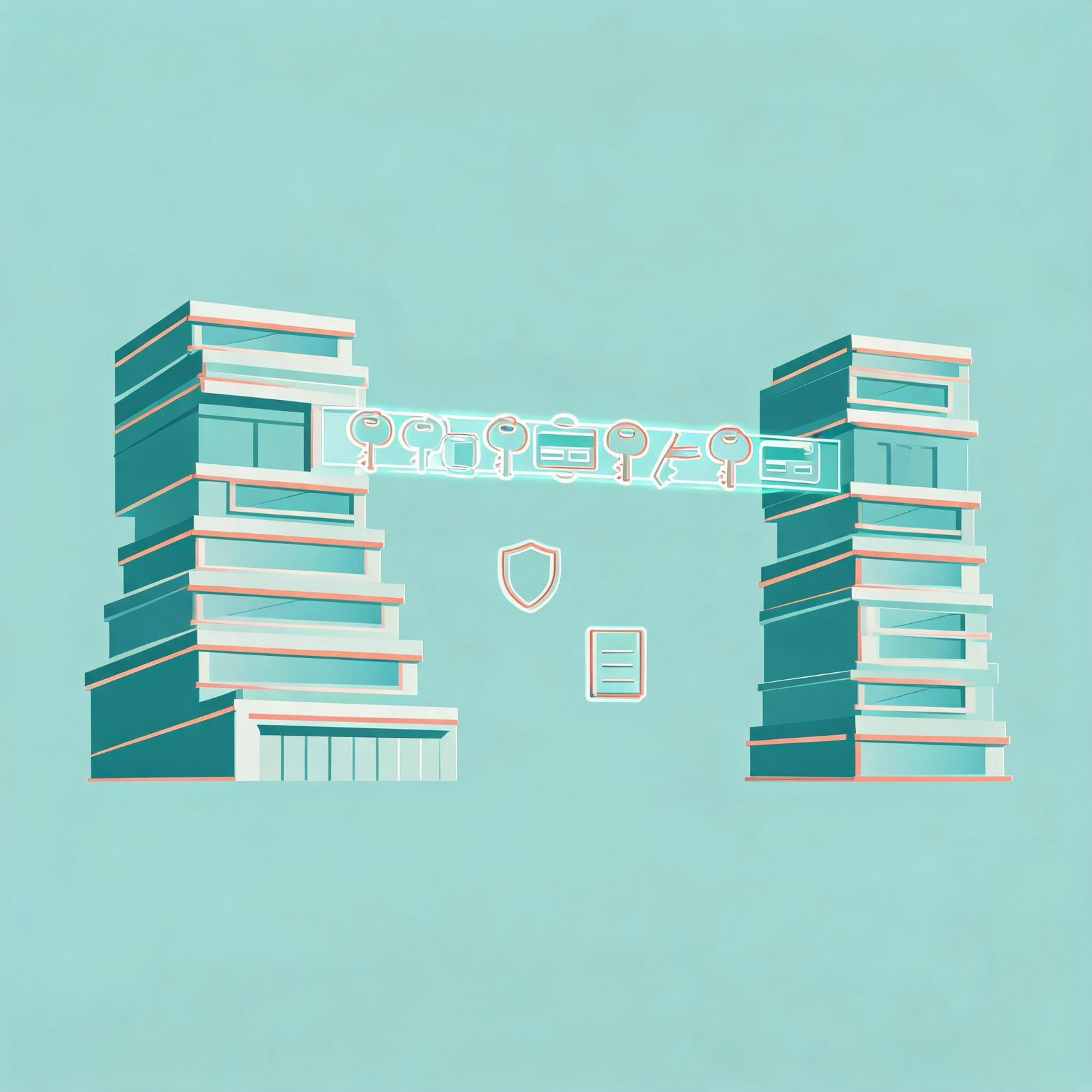 Two business buildings linked by a bridge of access keys and payment cards