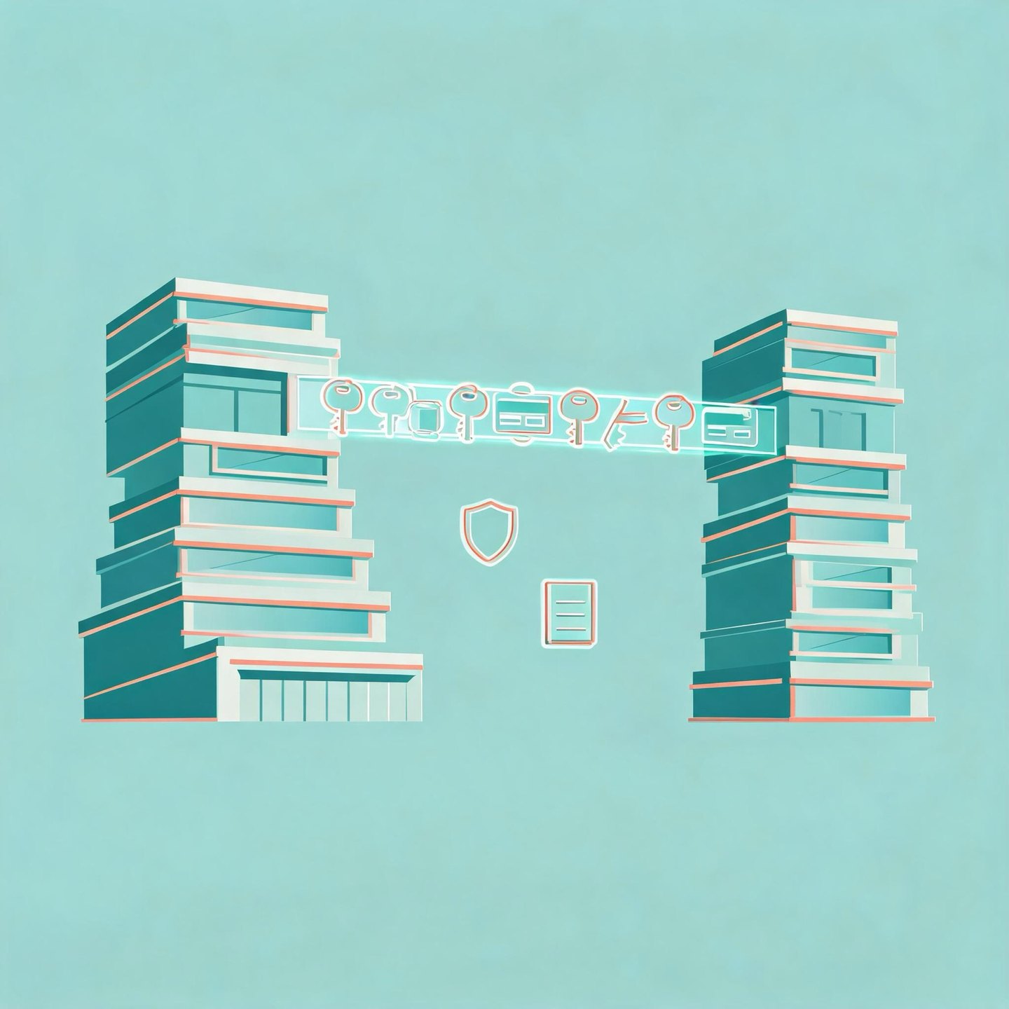 Two business buildings linked by a bridge of access keys and payment cards