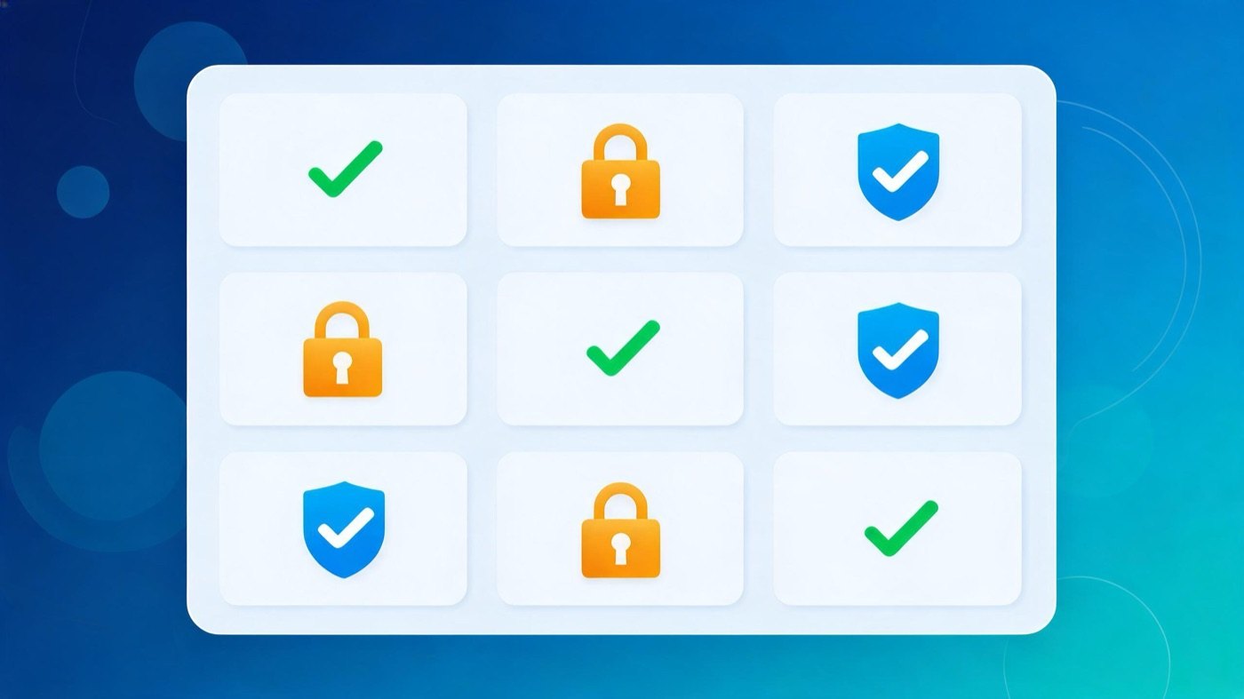 Grid of ad category cards with check marks, padlocks and verification shields