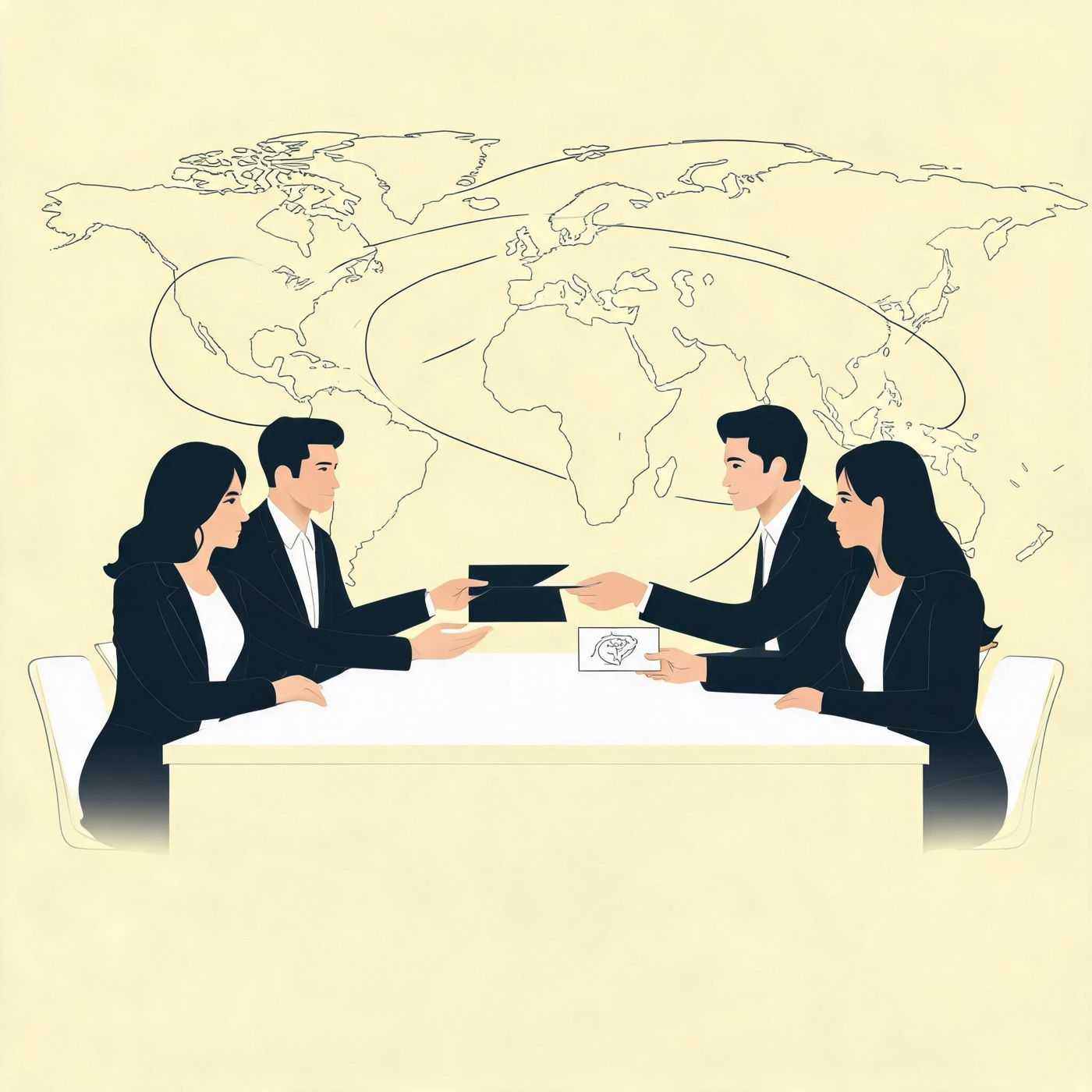 Operators at a shared table exchanging project notes in front of a world map
