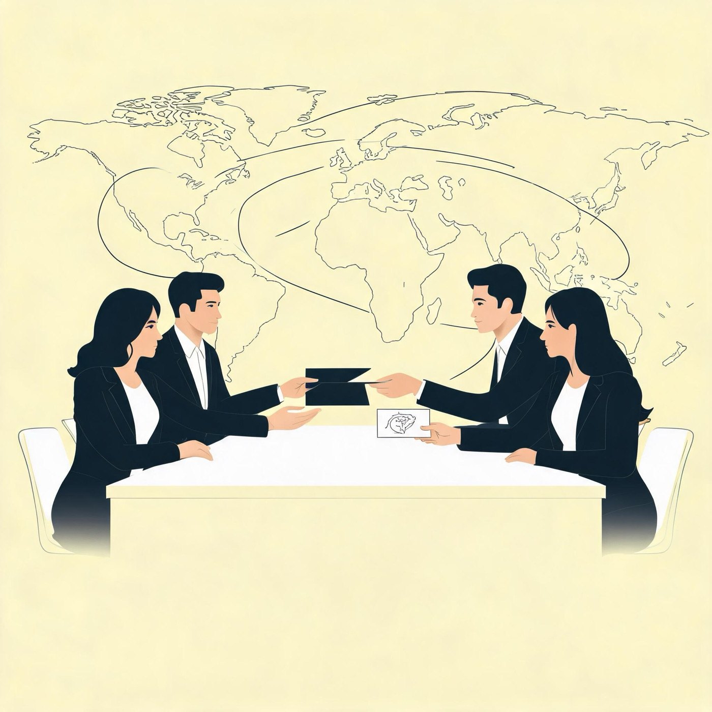 Operators at a shared table exchanging project notes in front of a world map