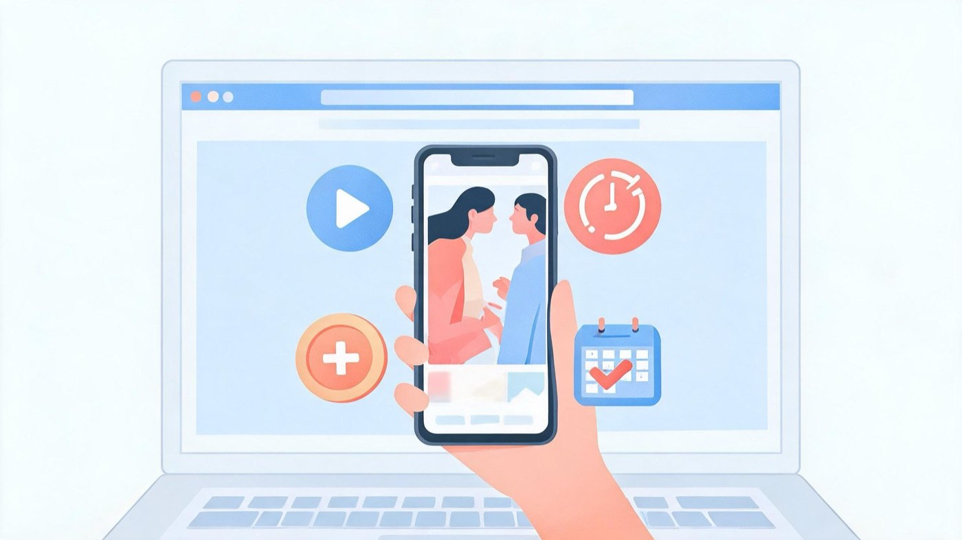 Smartphone playing a vertical short drama with free-episode timer, coin and daily check-in icons beside a laptop browser