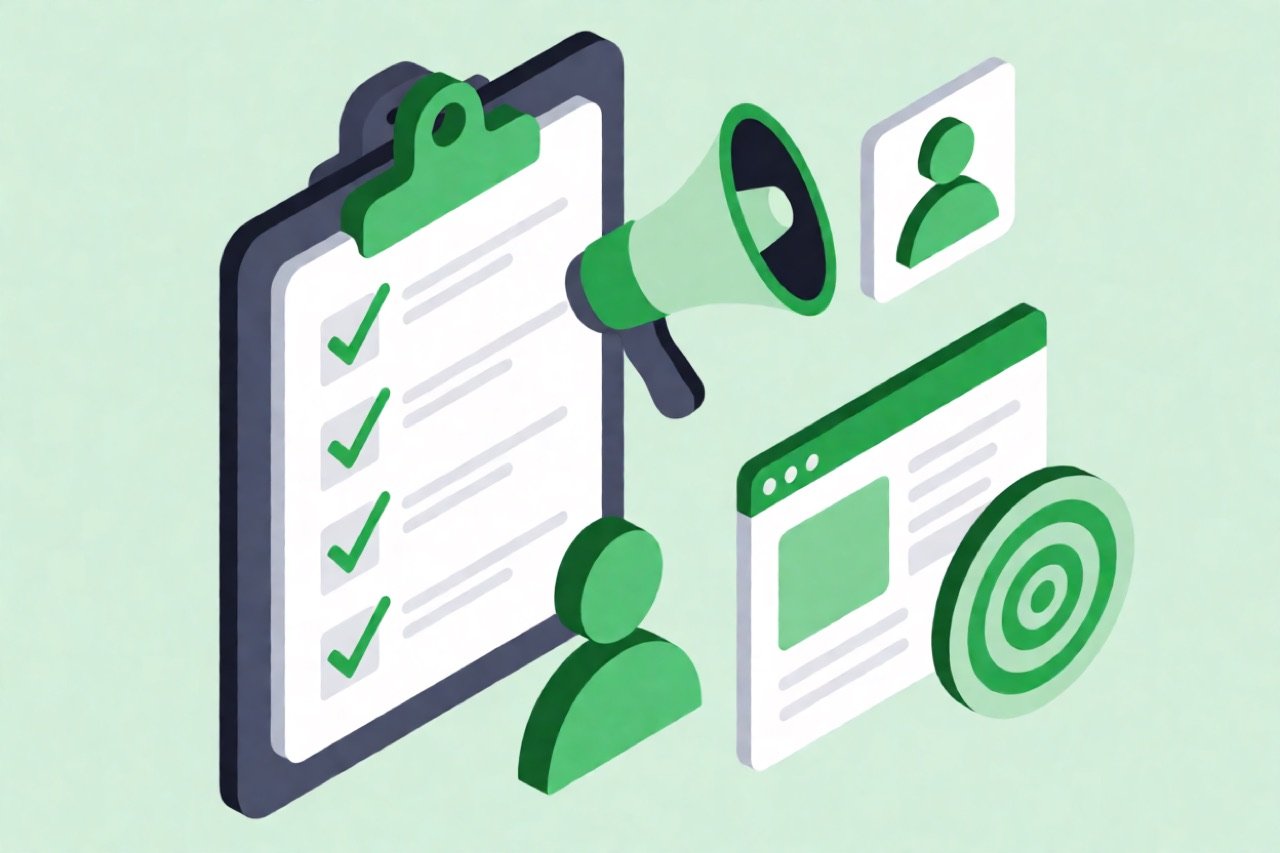Clipboard checklist with check marks beside megaphone, landing page and audience icons