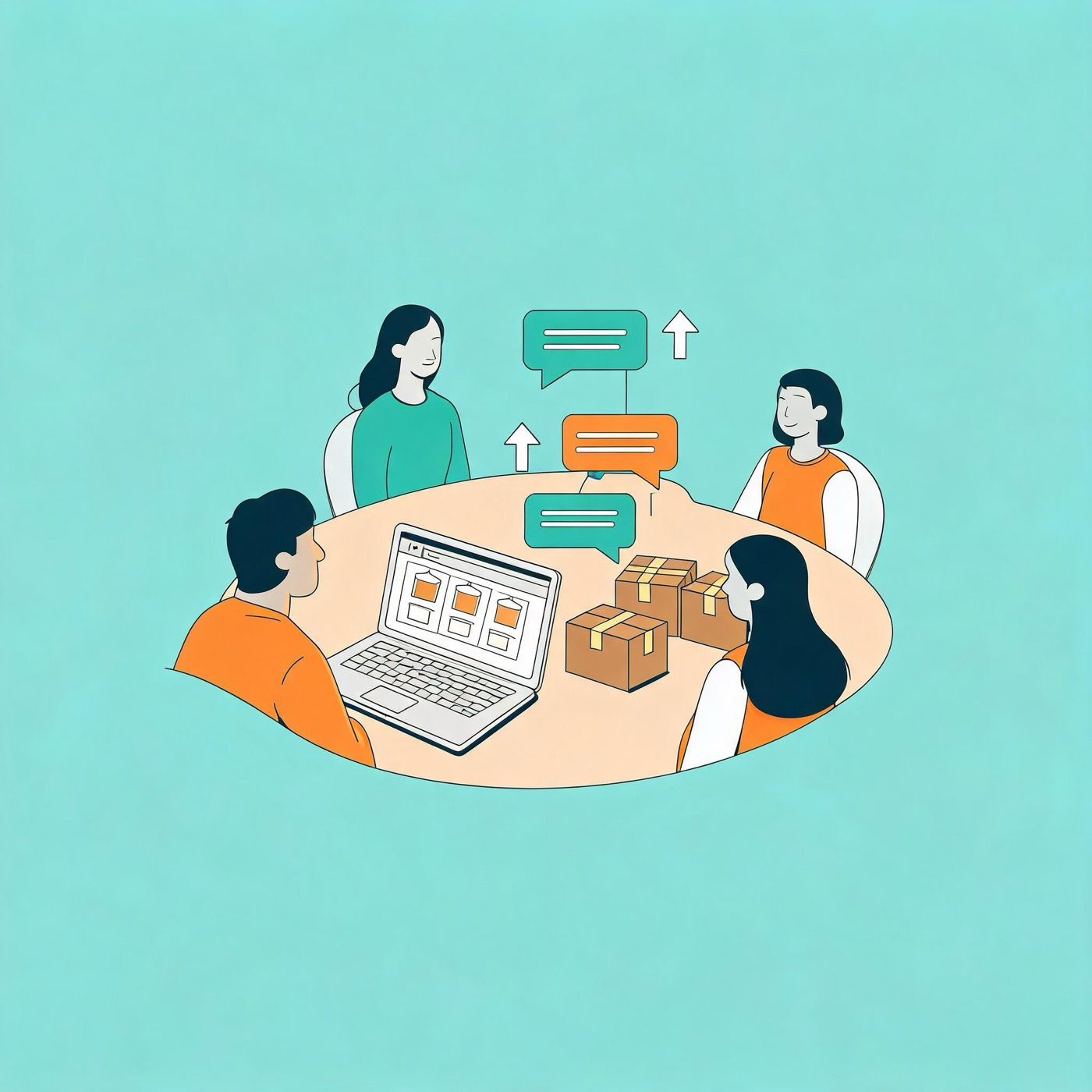 Online store owners discussing threaded posts around a table with a laptop and parcels