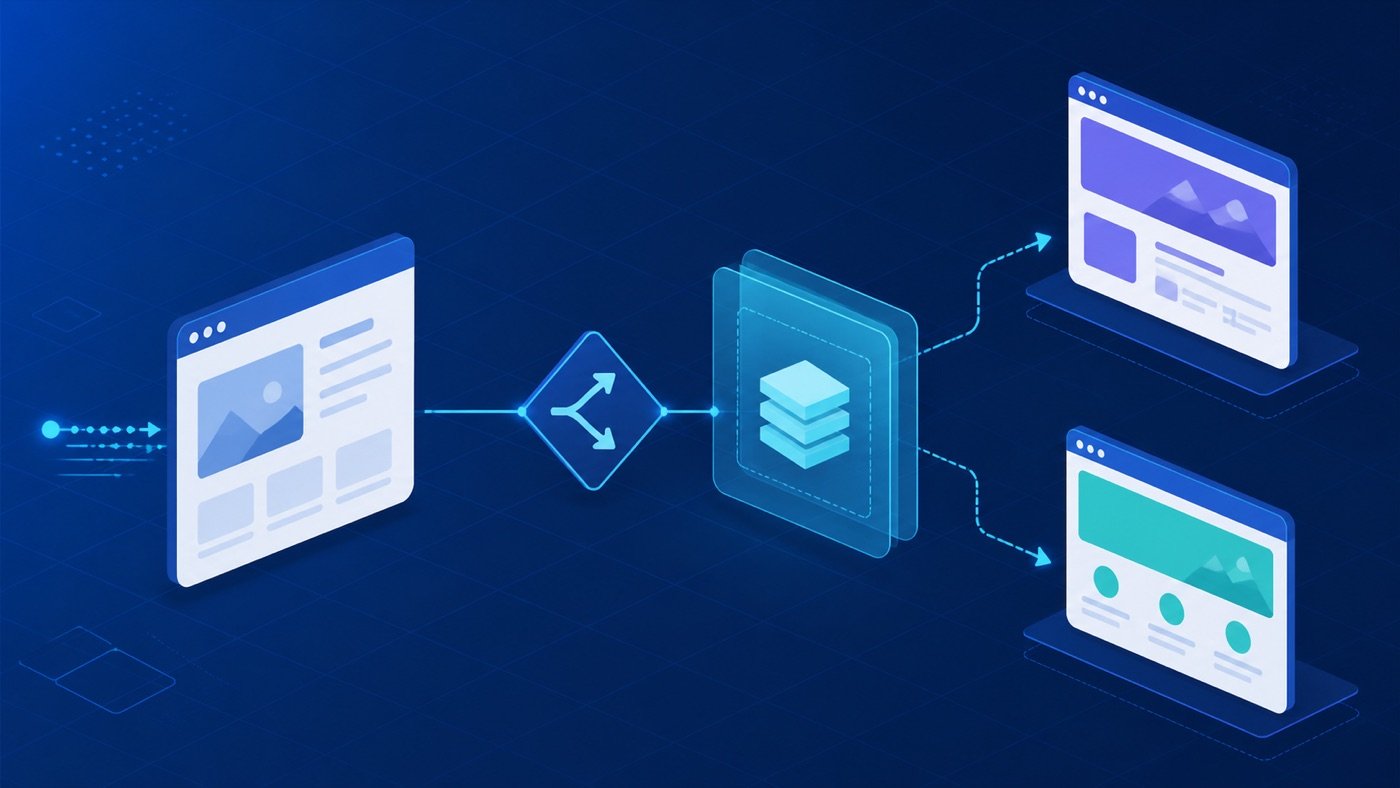 Diagram of a WordPress request branching into two page versions with a caching layer in between