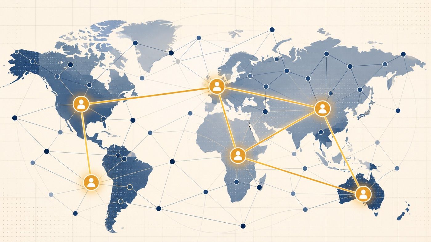 Network of connected nodes across regions with highlighted trusted connections