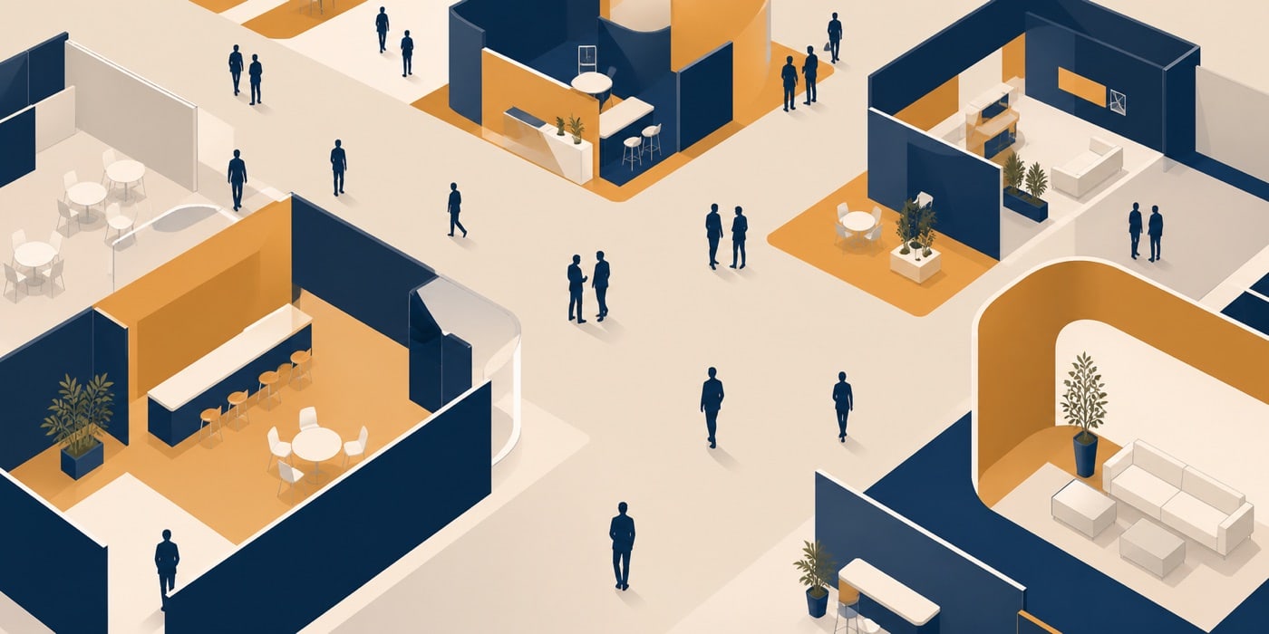 Overhead abstract view of an exhibition floor plan with booths and walkways