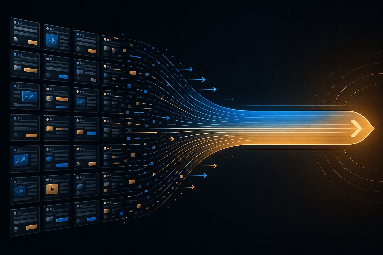 A structured grid of manual campaign panels dissolving into a single automated delivery stream, illustrating the trade an Advantage+ campaign makes