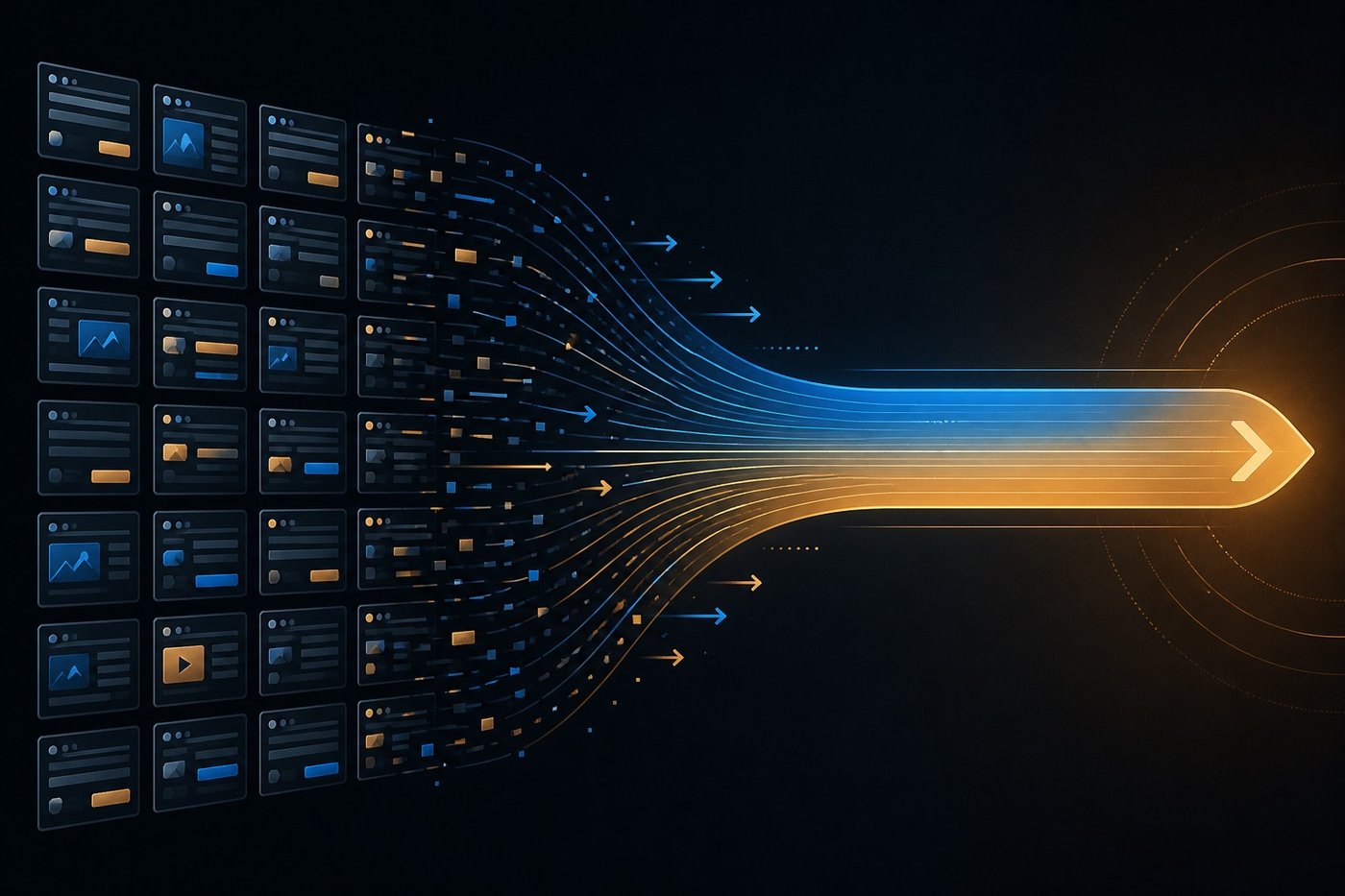 A structured grid of manual campaign panels dissolving into a single automated delivery stream, illustrating the trade an Advantage+ campaign makes