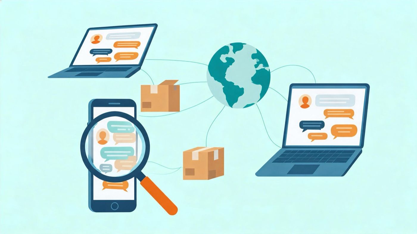 Flat illustration of chat windows on phones and laptops connected to a globe and parcels, with a magnifying glass inspecting one chat