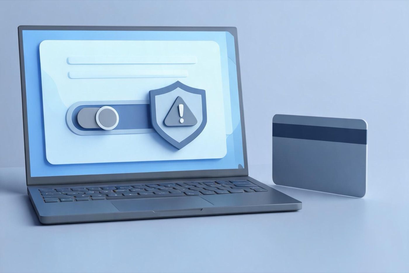 Laptop showing a paused toggle with a warning shield next to a bank card