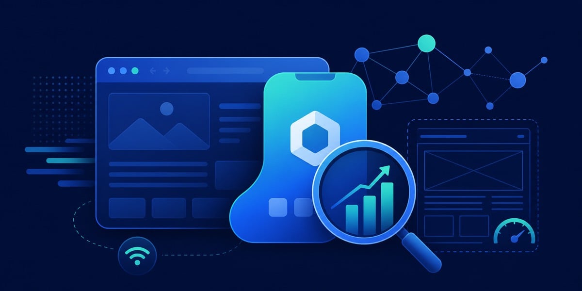 SEO for Progressive Web Apps: browser and app icon with search ranking bars and page-shell wireframe
