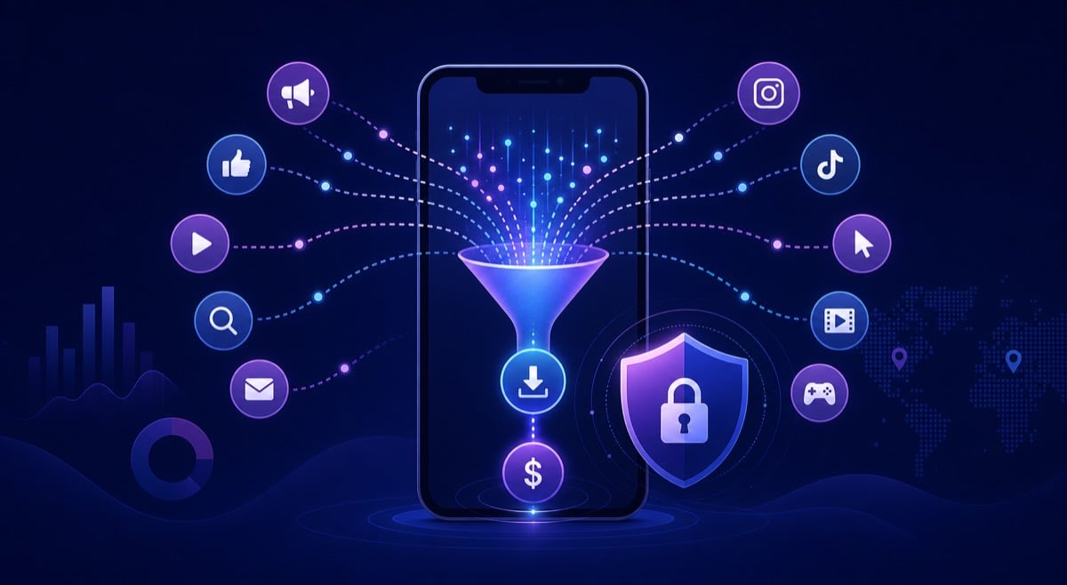 Mobile ad attribution funnel from ad touchpoints to install and revenue with privacy shield