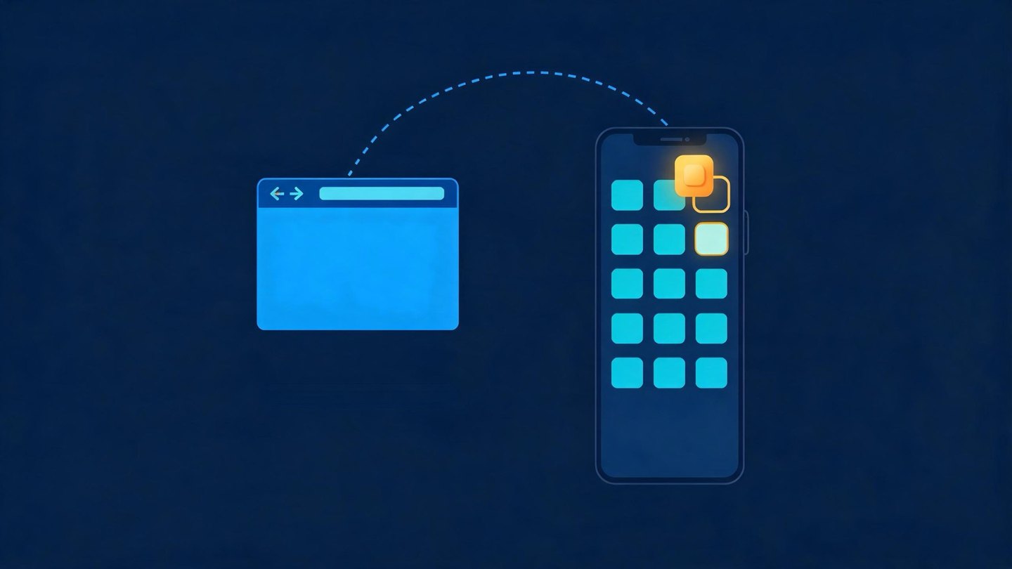 Illustration of a web app icon moving from a browser window into a phone home screen grid