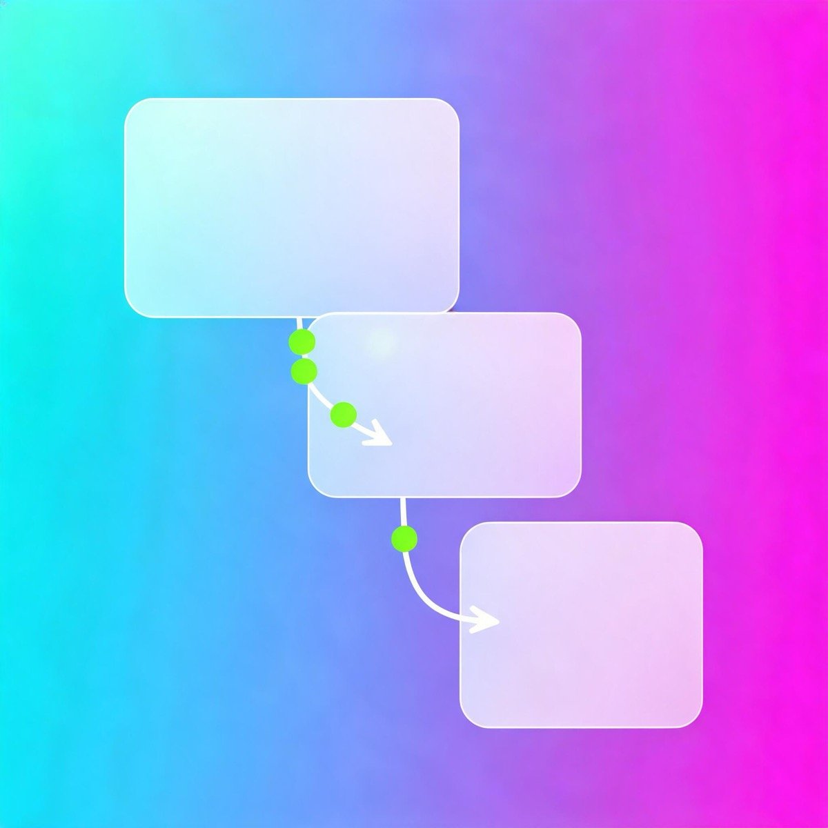 Abstract layered ad copy cards connected by testing arrows and conversion signal dots