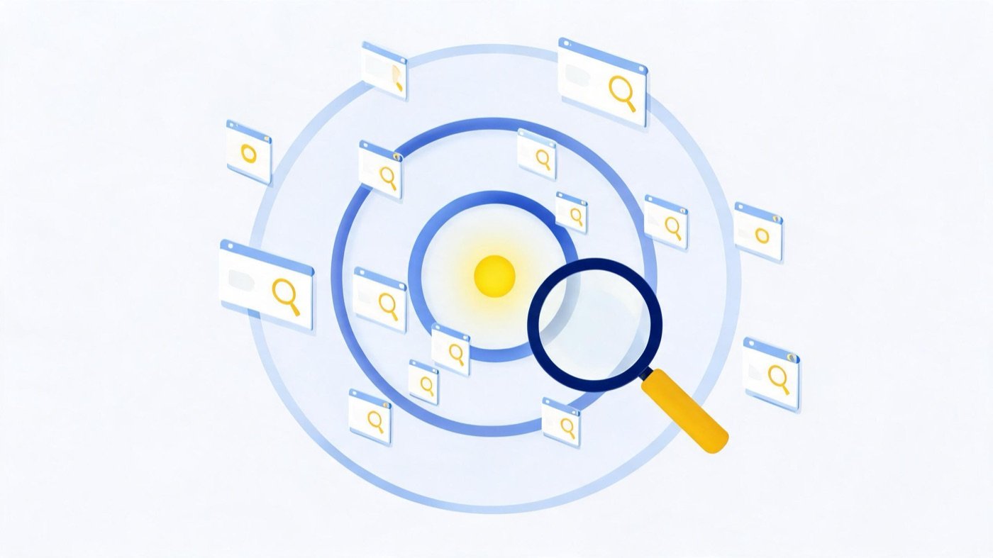 Concentric filter rings narrowing search queries to a target, illustrating Google Ads keyword match types