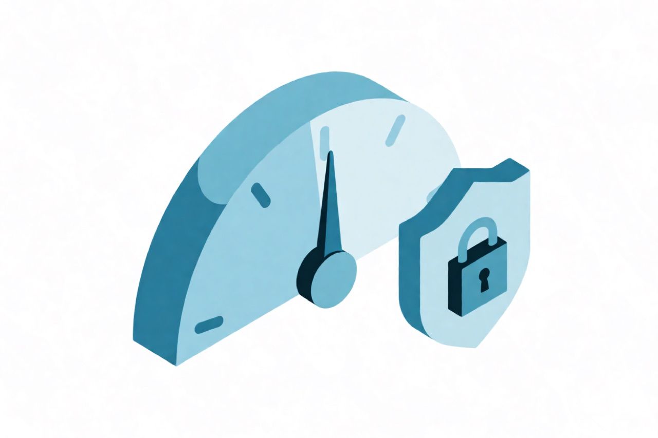 Spending gauge with needle near the cap beside a shield and padlock, representing an ad account spending limit