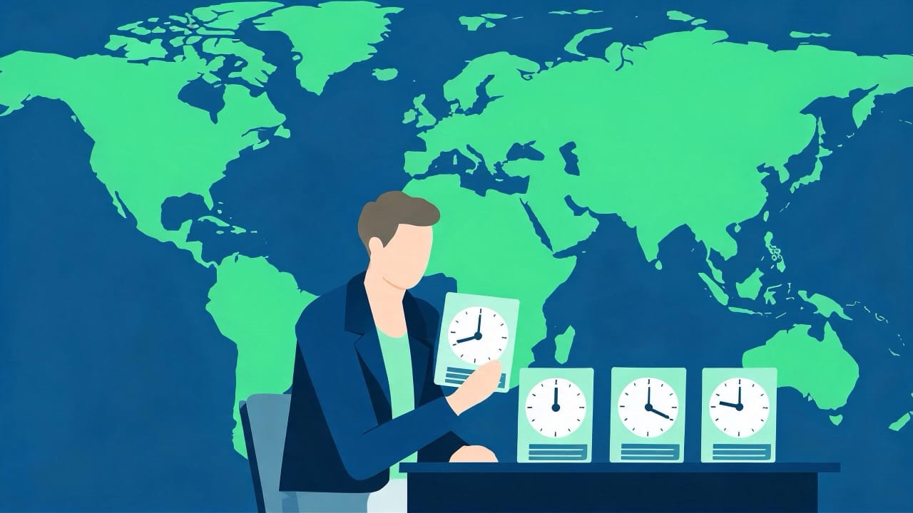Illustration of a hiring manager reviewing candidate cards from different time zones in front of a world map