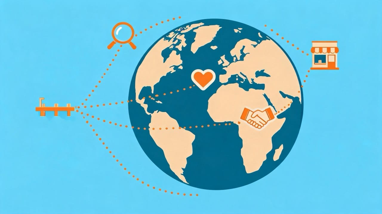 Illustration of a globe with dotted routes from a home port to several continents, marked with marketing channel icons