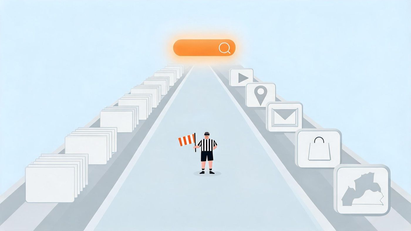 Illustration of a keyword lane and a multi-channel media lane merging at a search bar with a referee deciding priority