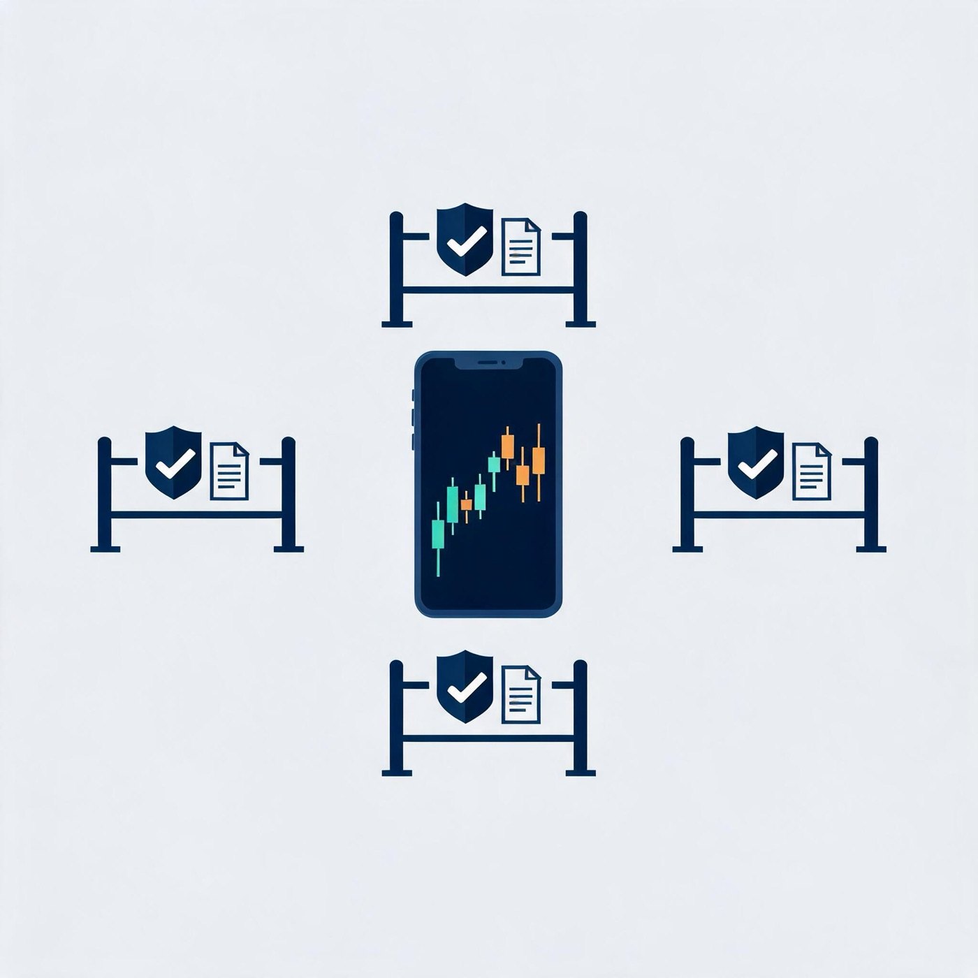 Trading app screen surrounded by four policy checkpoint gates representing ad platform, app store, regulator and local law requirements