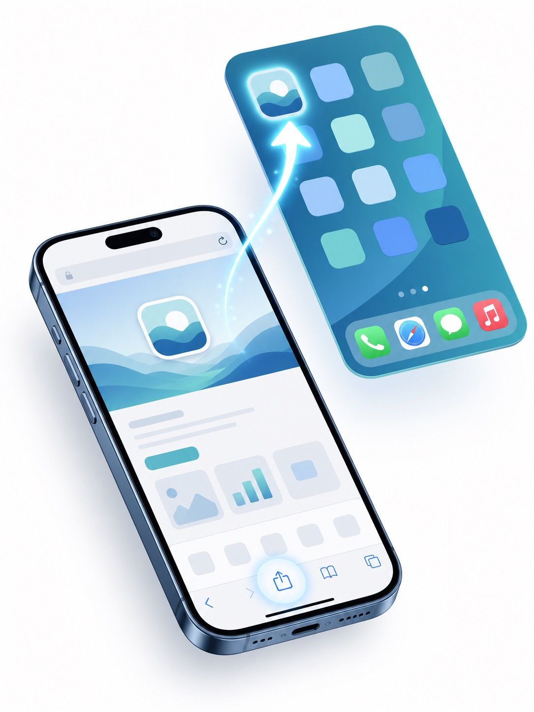 Isometric illustration of adding a PWA to an iPhone home screen from Safari